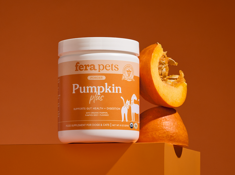 A white tub of fera pets Pumpkin Plus dog and cat food supplement stands on an orange pedestal next to whole and sliced pumpkins against a solid orange background.