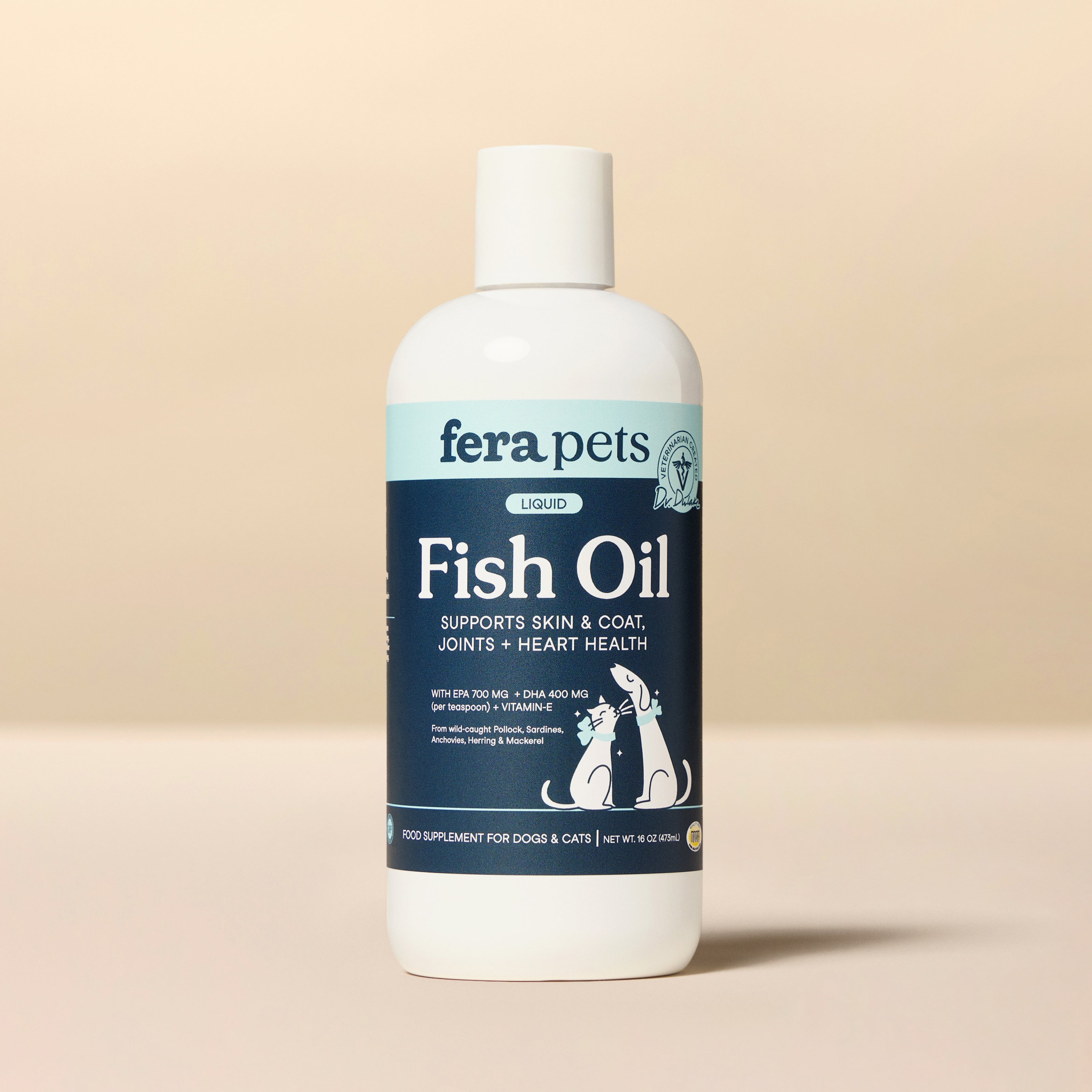 Fera Pets Fish Oil bottle, a liquid supplement for dogs and cats supporting skin, coat, joints, and heart health