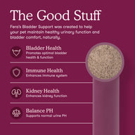A promotional graphic for Fera's Bladder Support featuring a dark magenta background with white text and icons highlighting benefits: Bladder Health, Immune Health, Kidney Health, and Balance PH. A cylindrical supplement container is shown on the right with a top view revealing a beige granular powder.