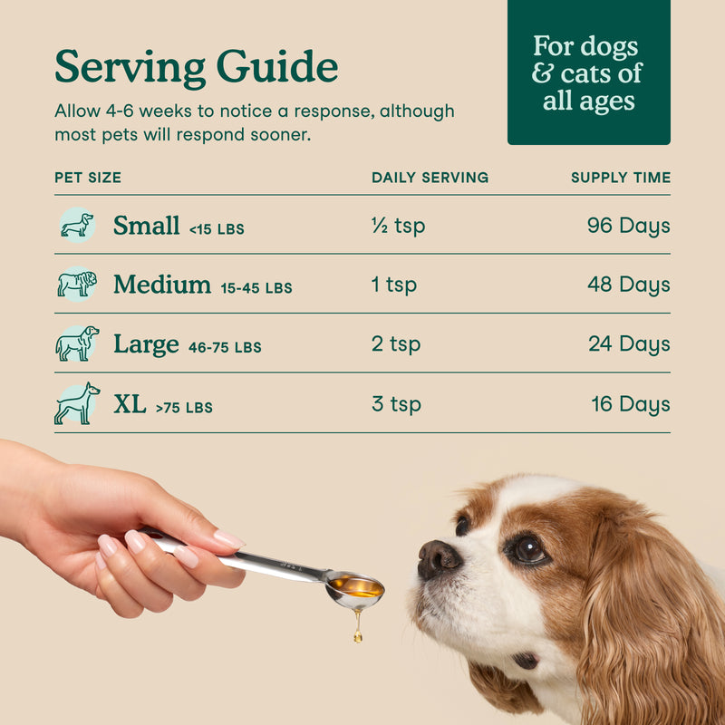 Serving guide chart for Fera's Algae Oil showing daily teaspoon amounts by pet weight, from a half teaspoon for small pets up to three teaspoons for XL dogs