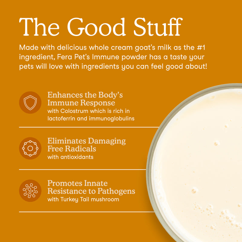 Infographic featuring Fera Pets Immune Goat Milk Powder highlighting the benefits across the body's immune response and ability to promote resistance to pathogens.