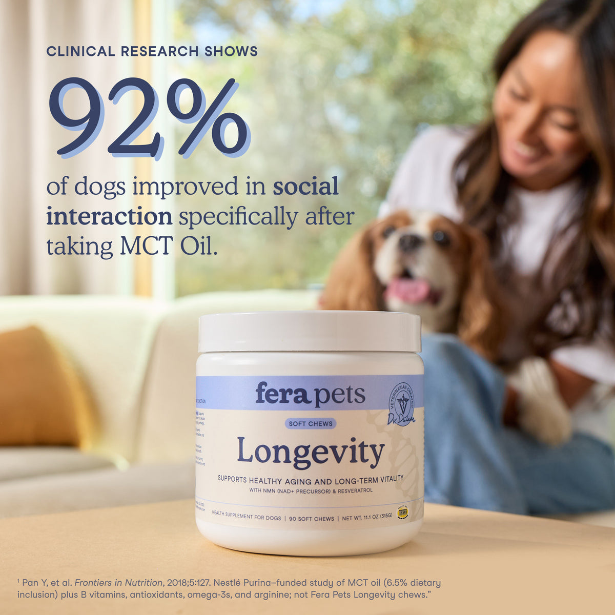 A jar of FeraPets Longevity Soft Chews is shown in the foreground, with a woman and a dog blurred in the background. Large text on the left reads 'CLINICAL RESEARCH SHOWS 92% of dogs improved in social interaction specifically after taking MCT Oil.