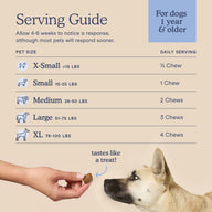 A dog serving guide infographic on a beige background, showing pet sizes from X-Small to XL and recommended daily serving amounts for dog chews. A hand is shown offering a brown chew to a light-colored dog at the bottom.
