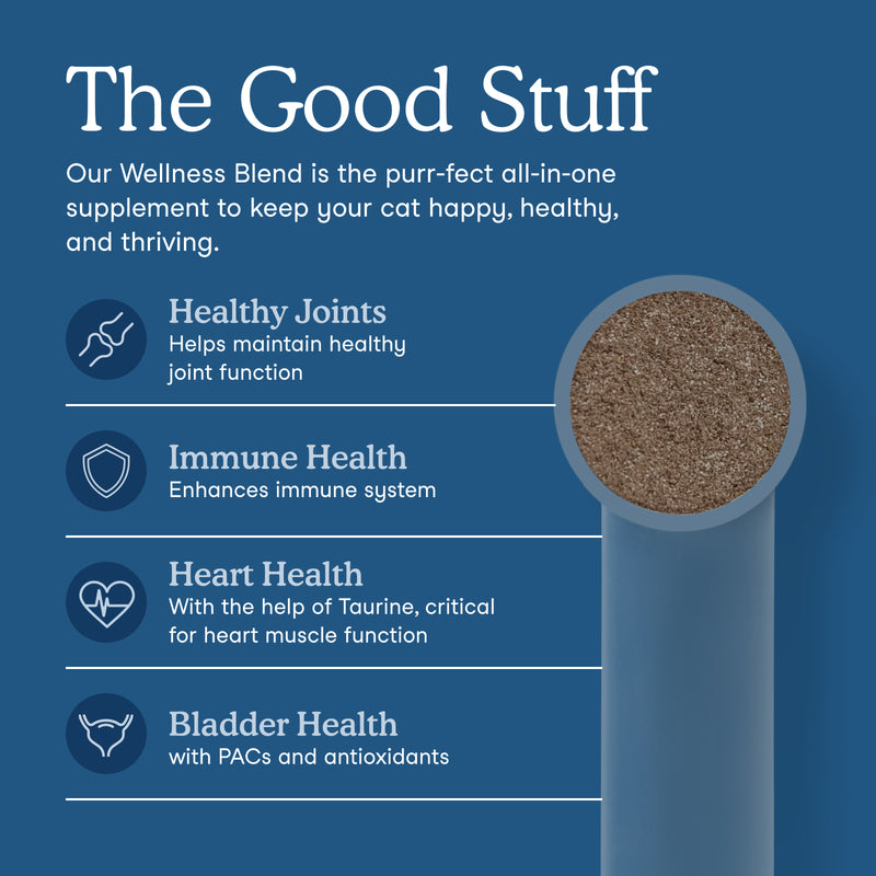 Blue promotional graphic for a cat wellness supplement called 'The Good Stuff,' with text listing benefits for healthy joints, immune health, heart health, and bladder health, plus a side cutaway showing the brown granular contents inside a blue tube.
