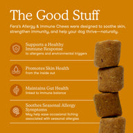 Promotional graphic for Fera's Allergy & Immune Chews, featuring a stack of brown dog chews on the right and text on the left explaining benefits against an orange background.