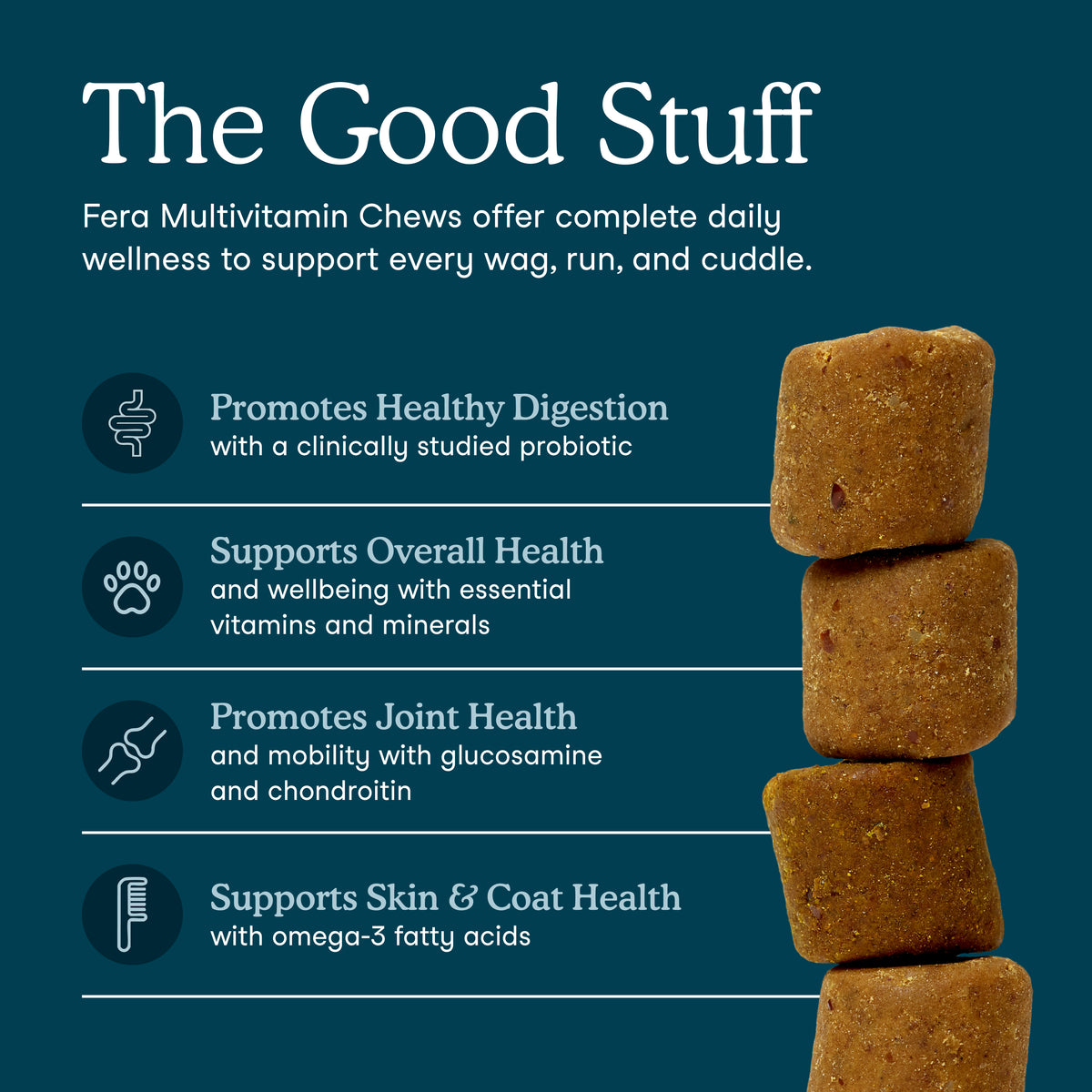 A dark teal promotional graphic for Fera Multivitamin Chews, featuring a stack of brown square chews on the right and text on the left outlining benefits for digestion, overall health, joint health, and skin and coat health.