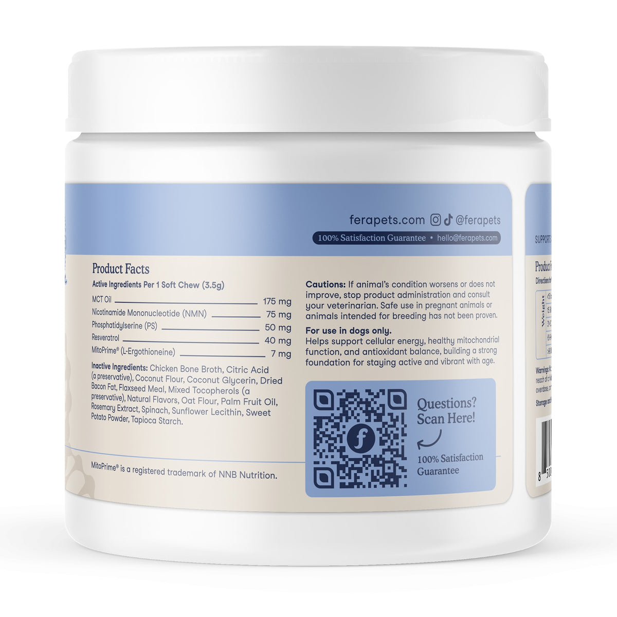 A white plastic tub of Fera Pets Longevity supplement with a white lid, showing the product facts label on the side against a white background.