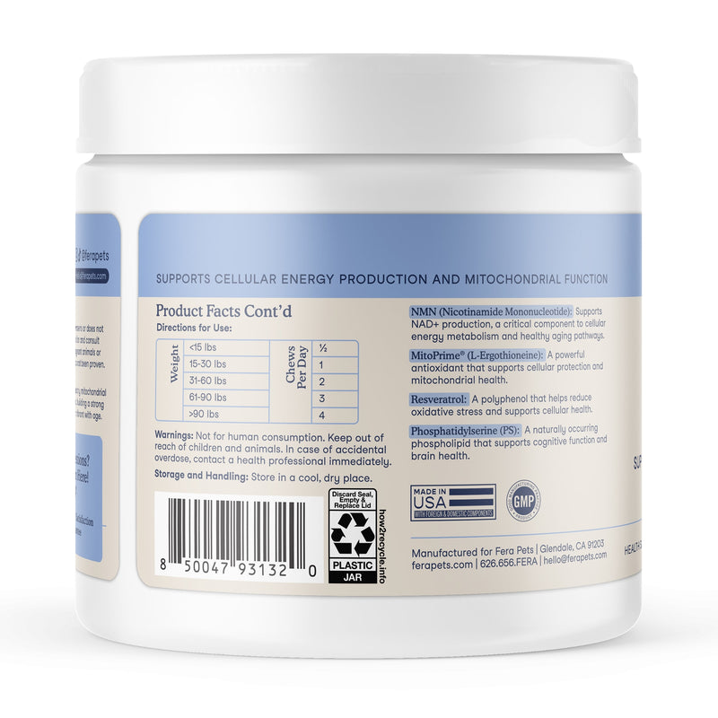 A white plastic supplement jar of Fera Pets Longevity chews shown from the back, featuring a light blue label with product facts, a barcode, and a 'Made in USA' badge.
