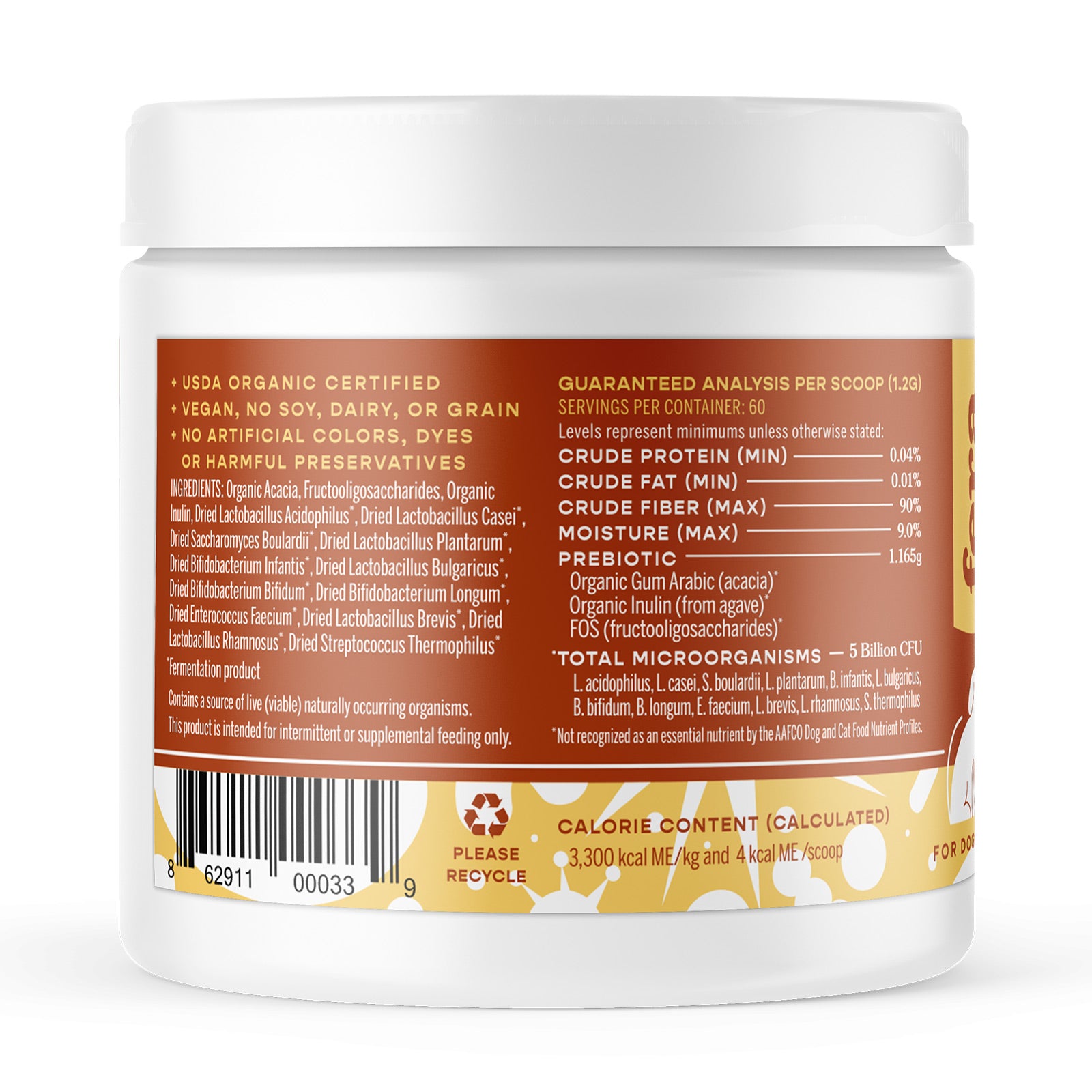 Fera Pets USDA Organic Probiotics with Prebiotics Powder for Dogs Cats
